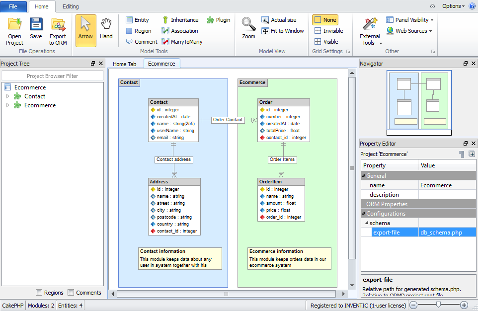 Choose ecommerce CakePHP project in Skipper project tree and edit export-file property in property editor