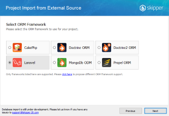 Select Symfony framework in Skipper schema definition import wizard