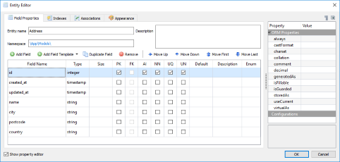 Configure new Laravel Eloquent entity in Skipper visual model