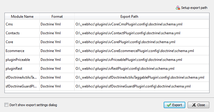 Skipper Doctrine schema definition files export configuration dialog