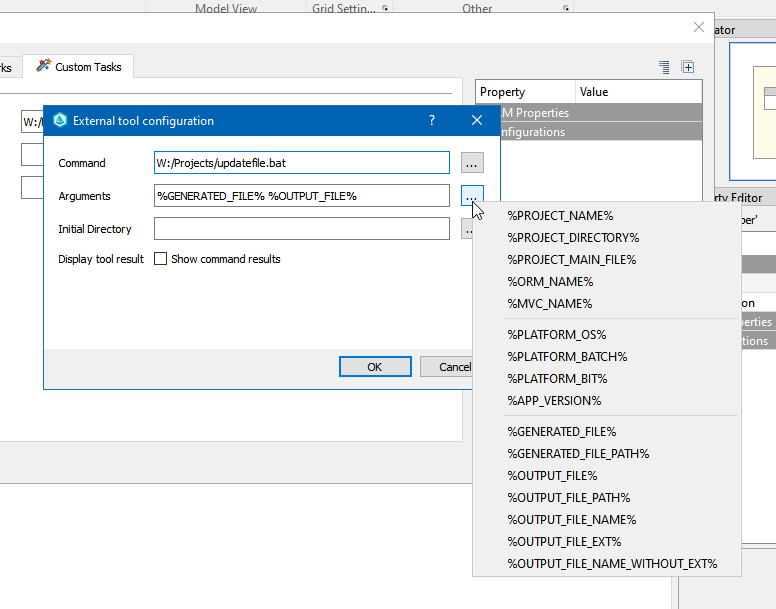 External tool configuration showing the macro menu for a file export action