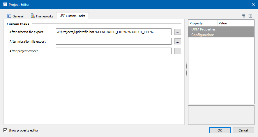 Project Editor Custom Tasks tab with schema file, migration file and project export actions